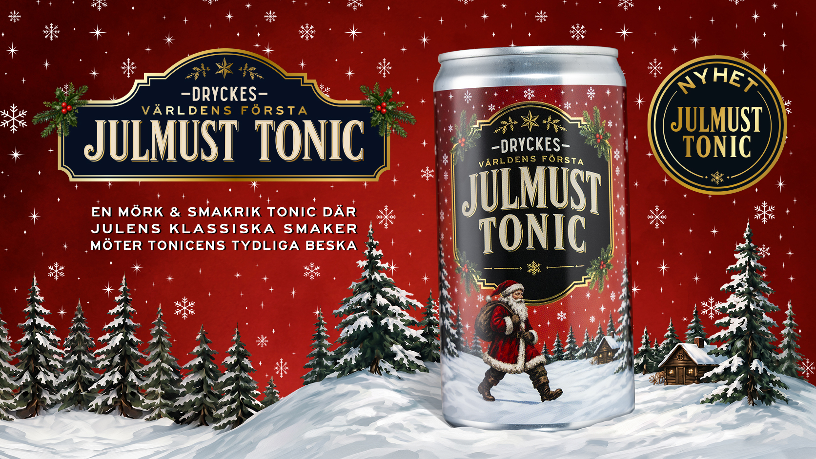 Julmust Tonic-burken i ett snöigt svenskt vinterlandskap med granar och snöflingor mot djup julröd bakgrund.